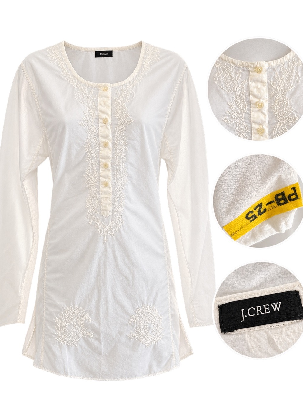 J.Crew Ivory Embroidered Long Sleeve Tunic Blouse Boho Coastal